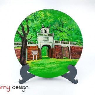 Green round lacquer plate hand-painted with The Temple of Literature included with stand 30 cm